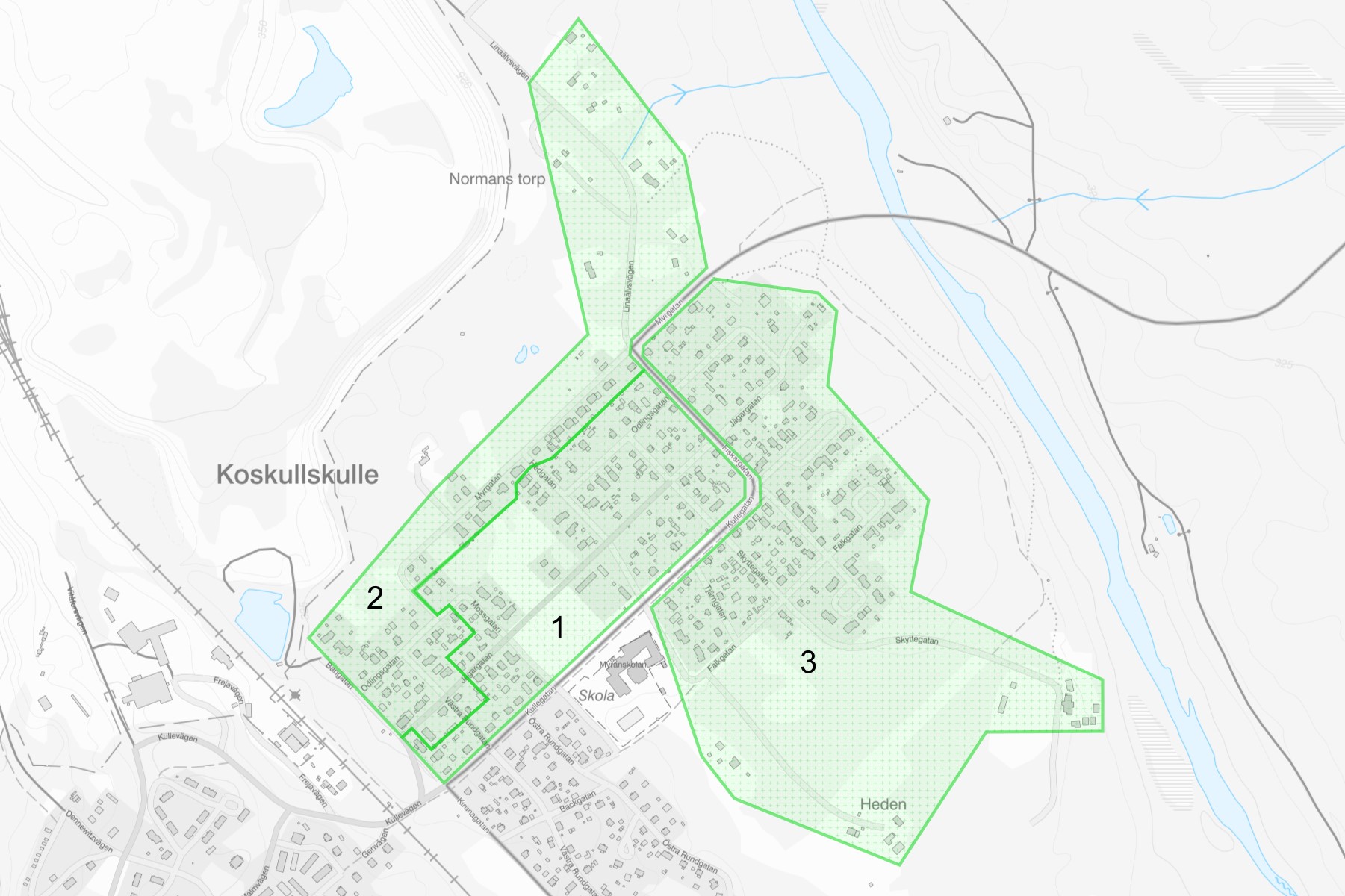 Karta som visar delar av Nedre Koskullskulle som berörs av utbyggnaden 2024. Markerat på kartan är även delområden för entreprenaden.