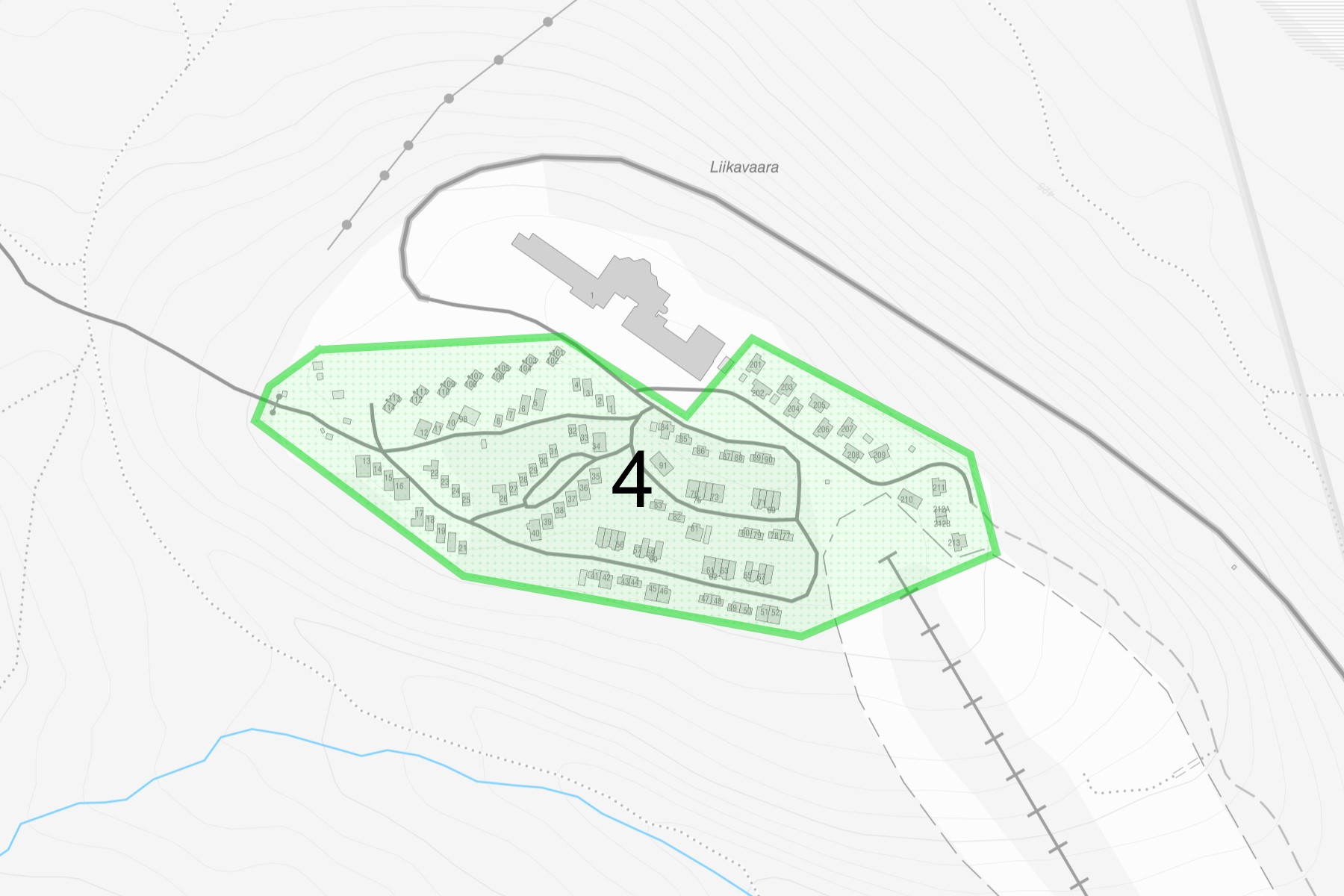 Karta över Dundrets stugby, på Liikavaaratoppen. Markerat är även delområdena inom entreprenaden.