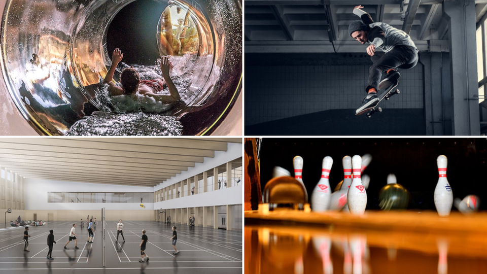 Kollage av bilder sport och bad